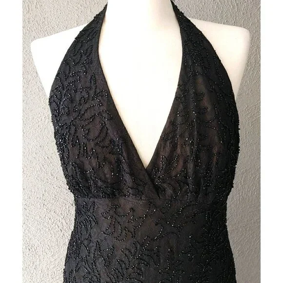 Carmen Marc Valvo Signature Halter Lace Beaded Silk Black Evening Dress Size 12 - Picture 2 of 7